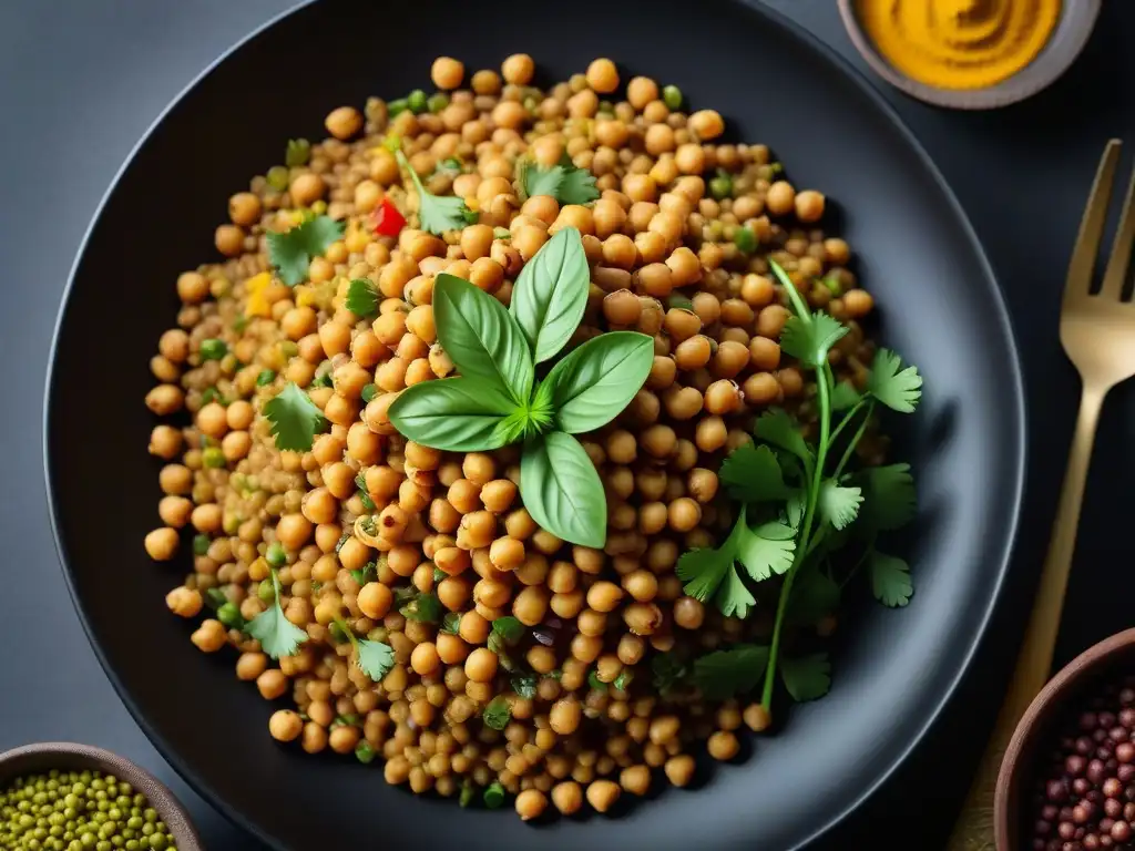 Una exquisita receta vegana con legumbres africanas en un plato elegante sobre un fondo rústico