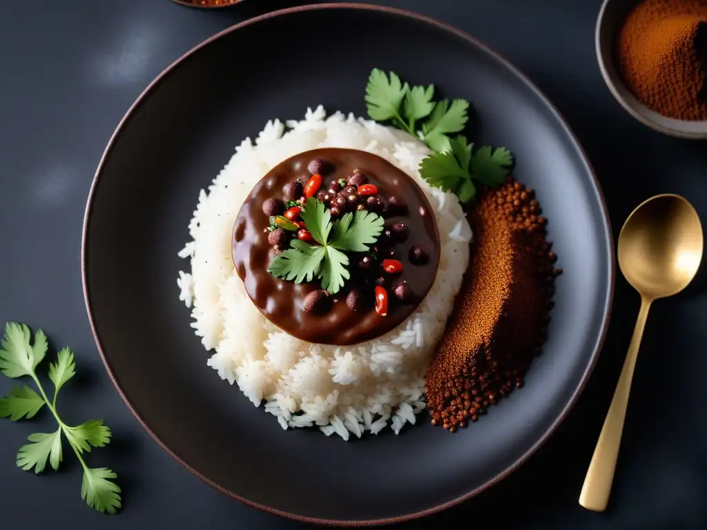 Exquisita receta vegana de mole mexicano con arroz blanco, presentada con elegancia y arte culinario