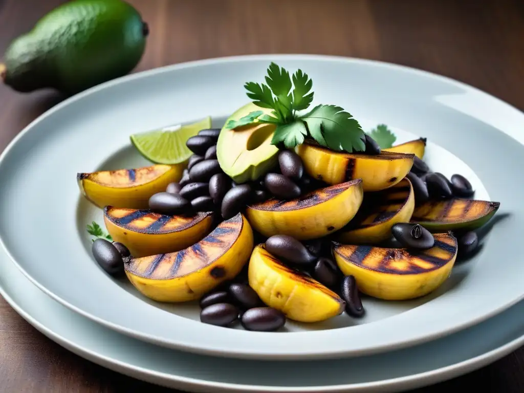 Una exquisita receta vegana con plátano, presentada con elegancia en un plato blanco, resaltando su colorido y texturas