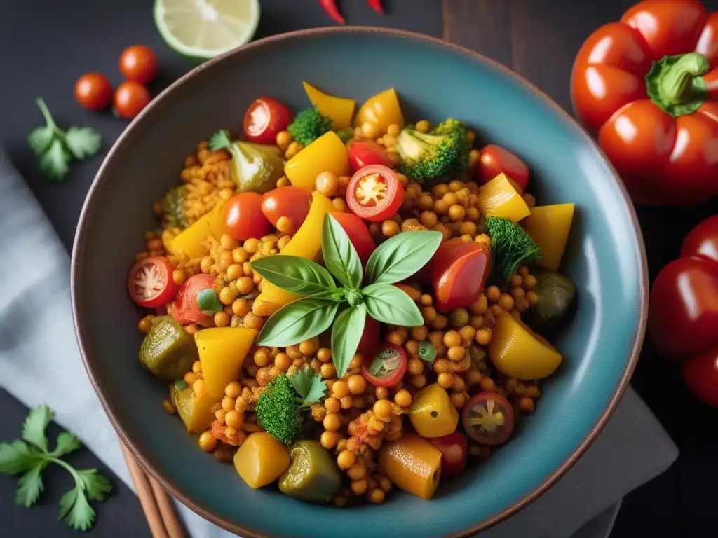 Una exquisita receta chakalaka vegana sudafricana en un vibrante y colorido plato de verduras frescas y especias aromáticas