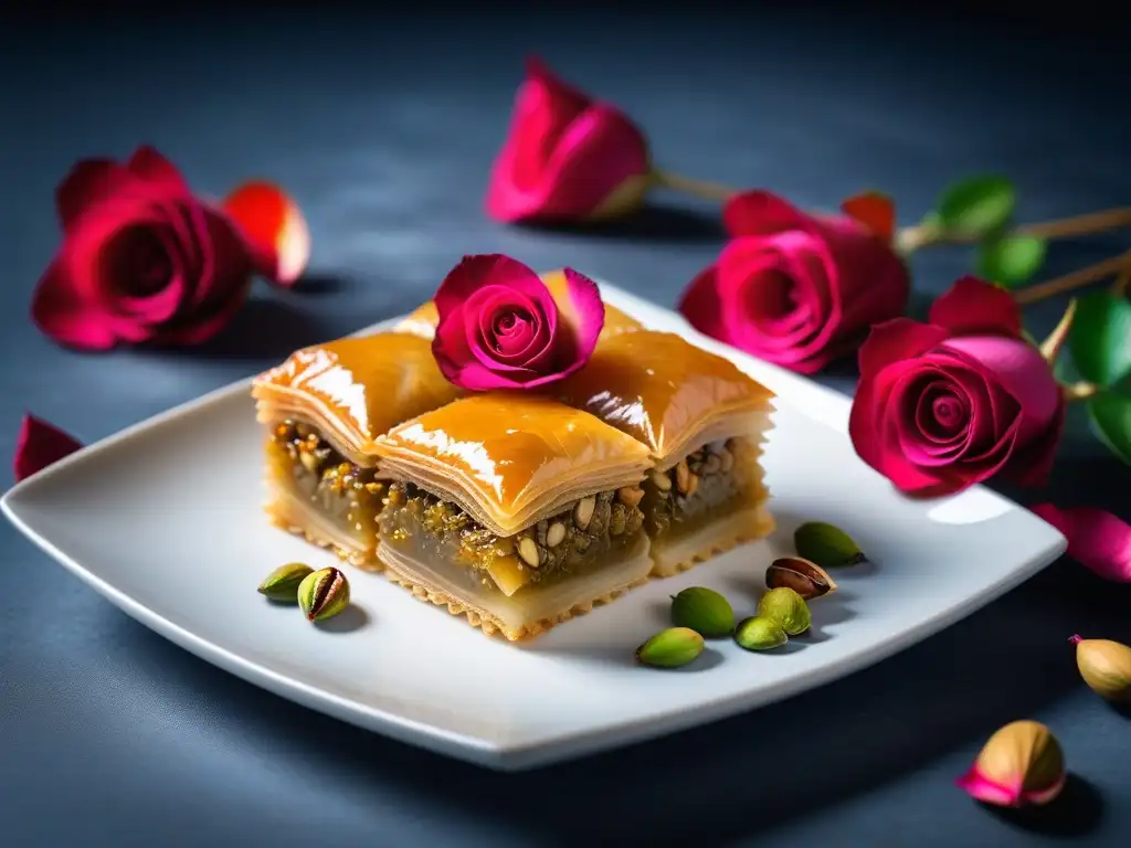 Exquisita repostería vegana en Medio Oriente: baklava decorada con frutos secos, sirope dorado y pétalos de rosa comestibles