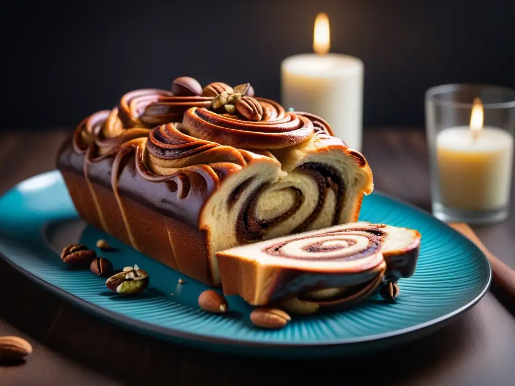 Exquisita repostería vegana de Europa del Este: babka decorada con swirls de chocolate y nueces en plato moderno