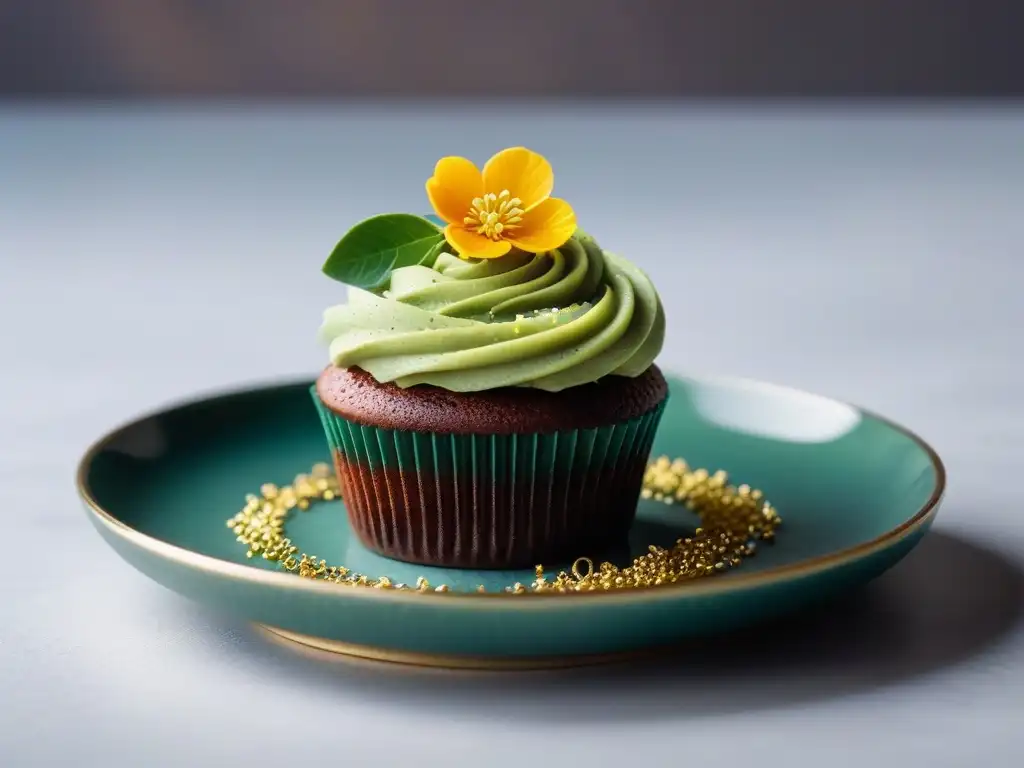 Exquisita repostería vegana con matcha innovador: cupcake recién horneado con frosting verde y detalles elegantes