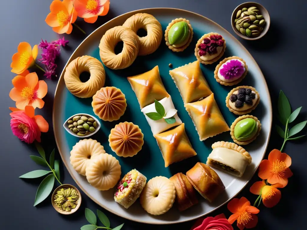 Exquisita repostería vegana en Medio Oriente, con baklava, ma'amoul y halva en un elegante flat lay