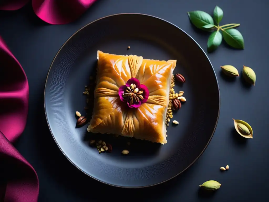 Exquisita repostería vegana en Medio Oriente: baklava con nueces, sirope aromático y pistachos, sobre plato de piedra negro