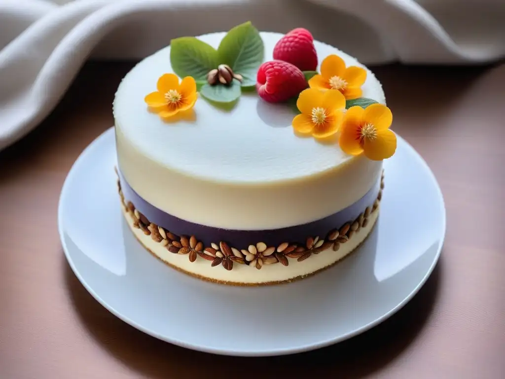 Exquisita repostería vegana Europa del Este: pastel decorado con frutas, nueces y flores comestibles sobre plato blanco minimalista