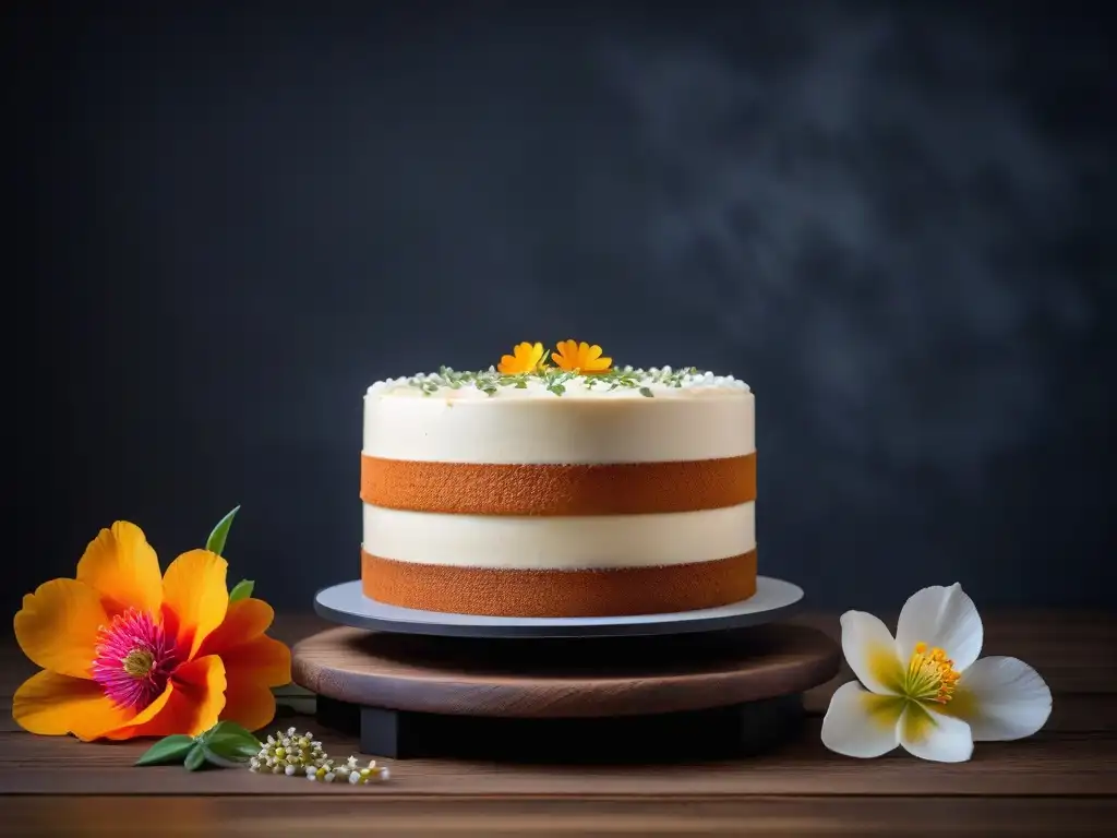 Exquisita repostería vegana Europa del Este: pastel decorado con flores y patrones de hielo, sobre mesa rústica y soporte minimalista