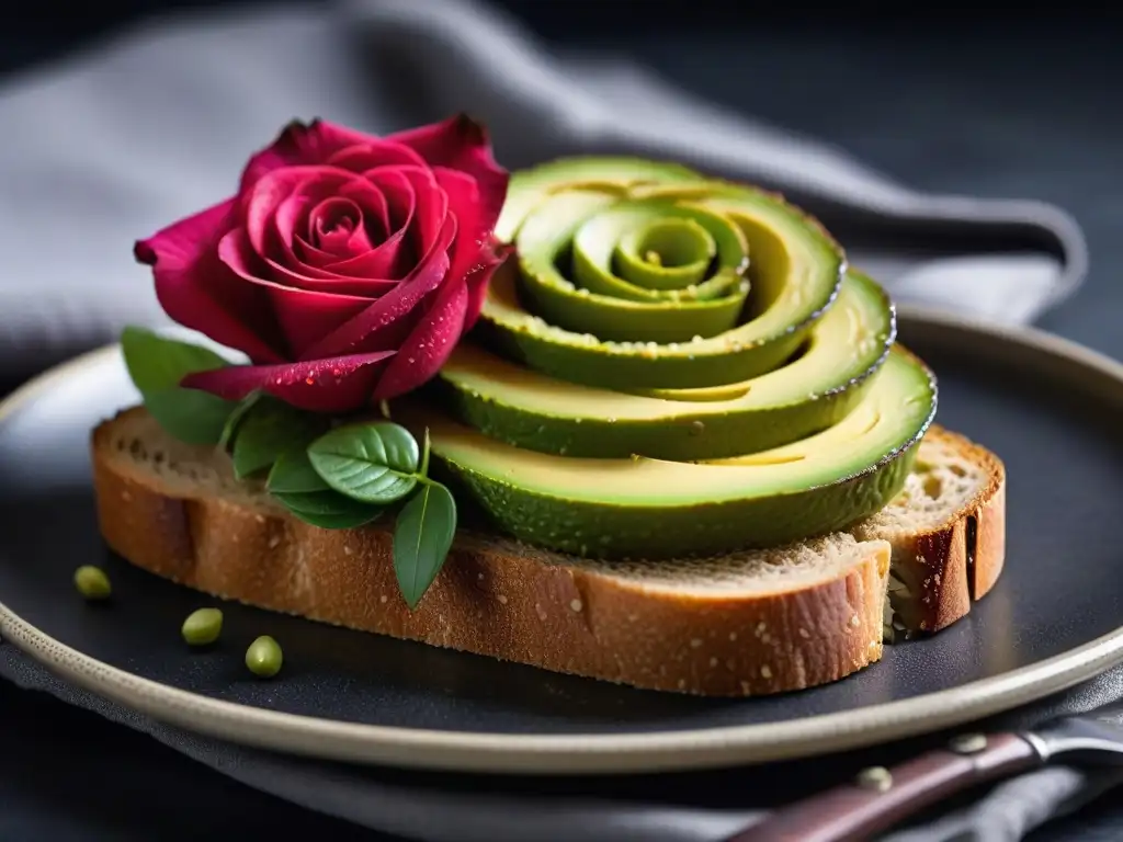 Una exquisita rosa de aguacate sobre una tostada multigrano, resaltando la creatividad en tostadas veganas creativas