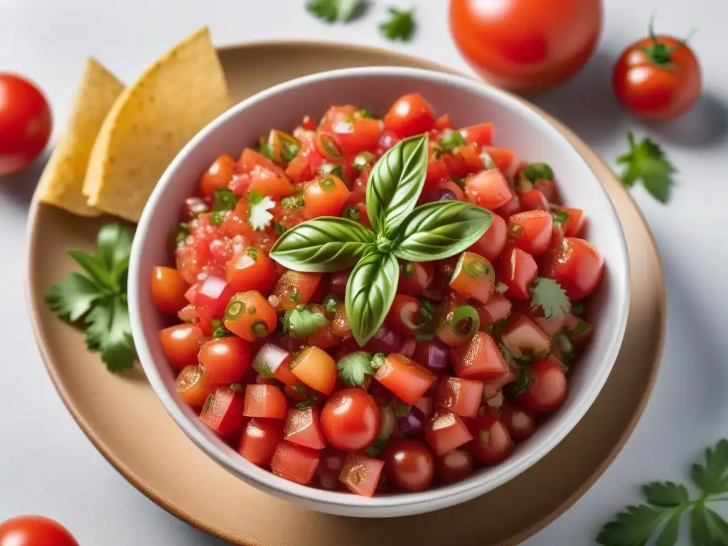 Una exquisita salsa vegana sin aceite con tomate, cilantro, cebolla roja y jalapeños, presentada en un elegante bol blanco