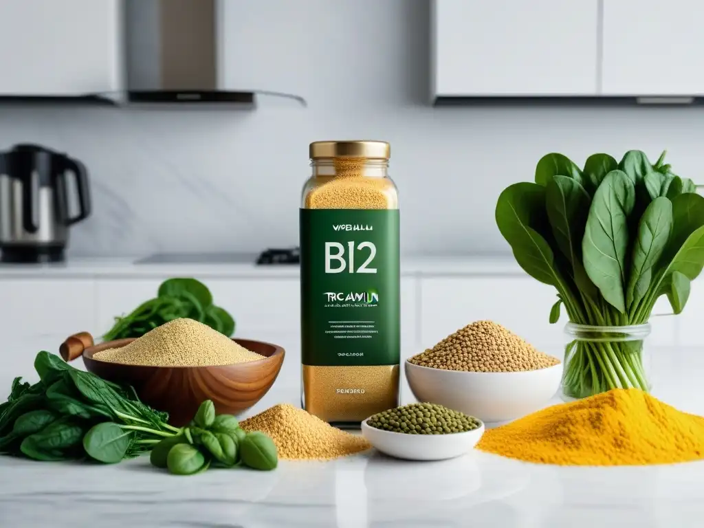 Una exquisita selección de alimentos vegetales ricos en vitamina B12 en una cocina minimalista de mármol blanco