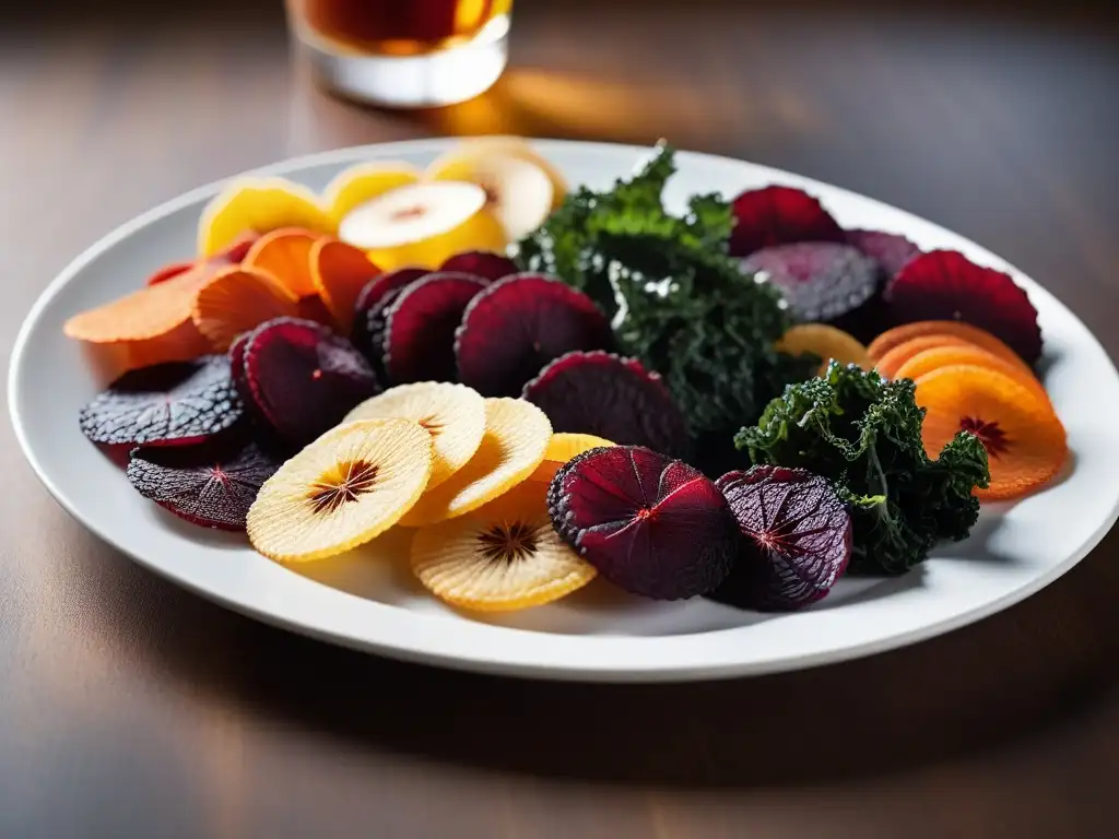 Una exquisita selección de chips de vegetales deshidratados veganos, dispuestos en un elegante plato blanco