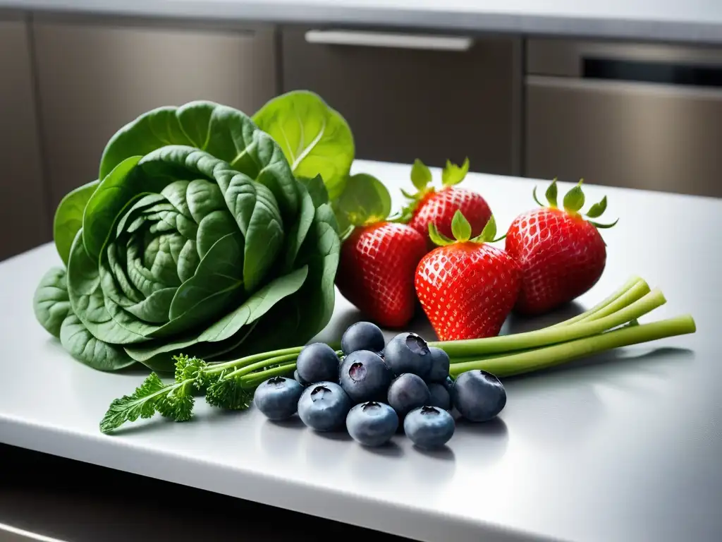 Una exquisita selección de frutas y verduras antioxidantes en una cocina moderna