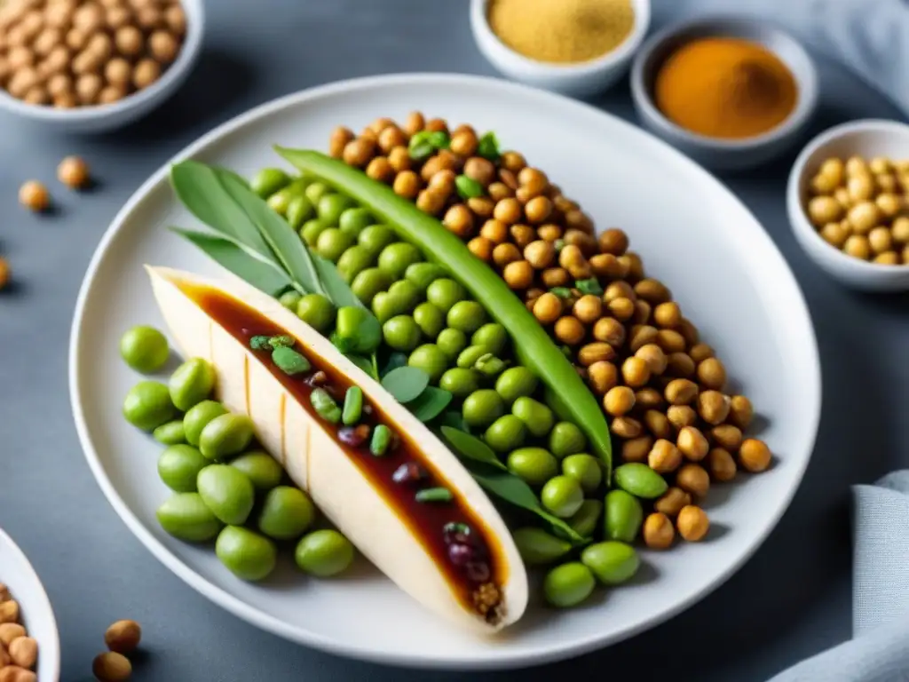 Una exquisita selección de fuentes de proteína vegana en un plato blanco moderno