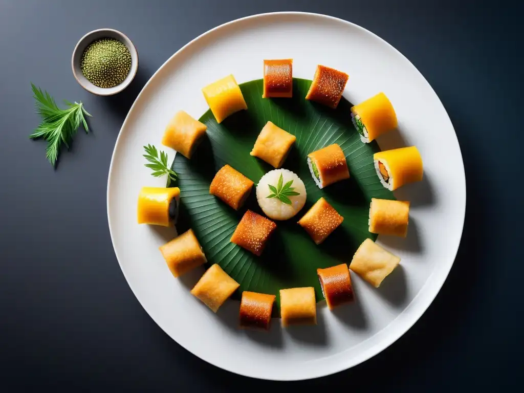 Una exquisita selección de meriendas veganas asiáticas saludables en un elegante plato blanco