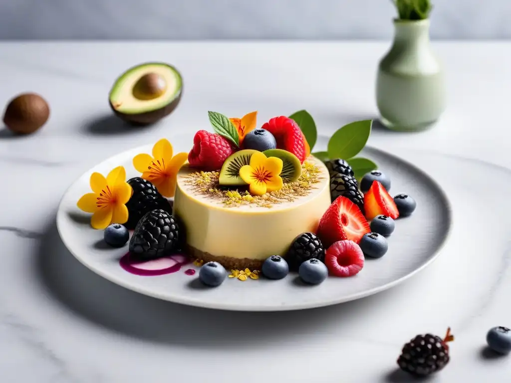 Una exquisita selección de postres veganos sin horno fáciles, en un plato de mármol con colores vibrantes y texturas tentadoras