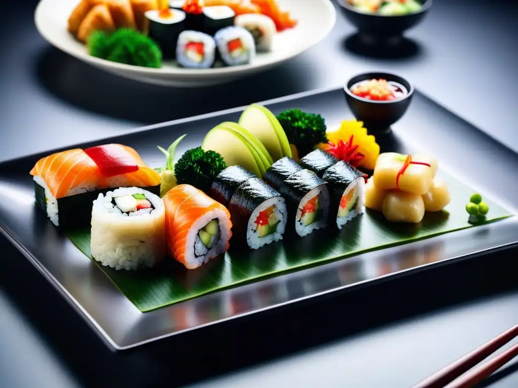 Una exquisita selección de recetas veganas asiáticas refrescantes, con sushi, dumplings, verduras y ensaladas de frutas, presentadas de forma elegante en vajilla minimalista, bajo una luz suave que realza sus colores y texturas