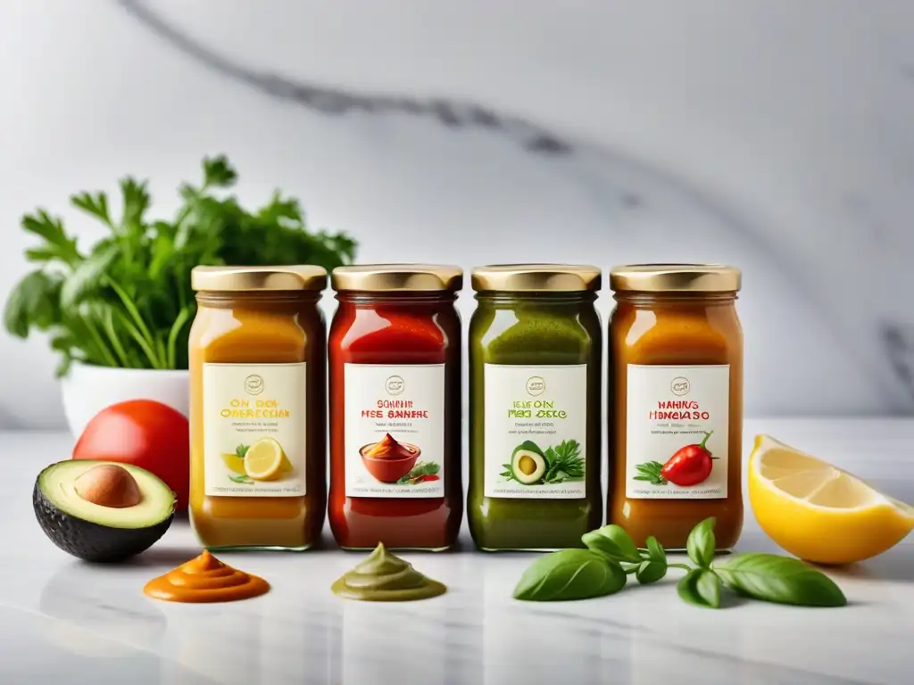 Una exquisita selección de salsas veganas sin aceite en frascos de vidrio, con etiquetas hechas a mano