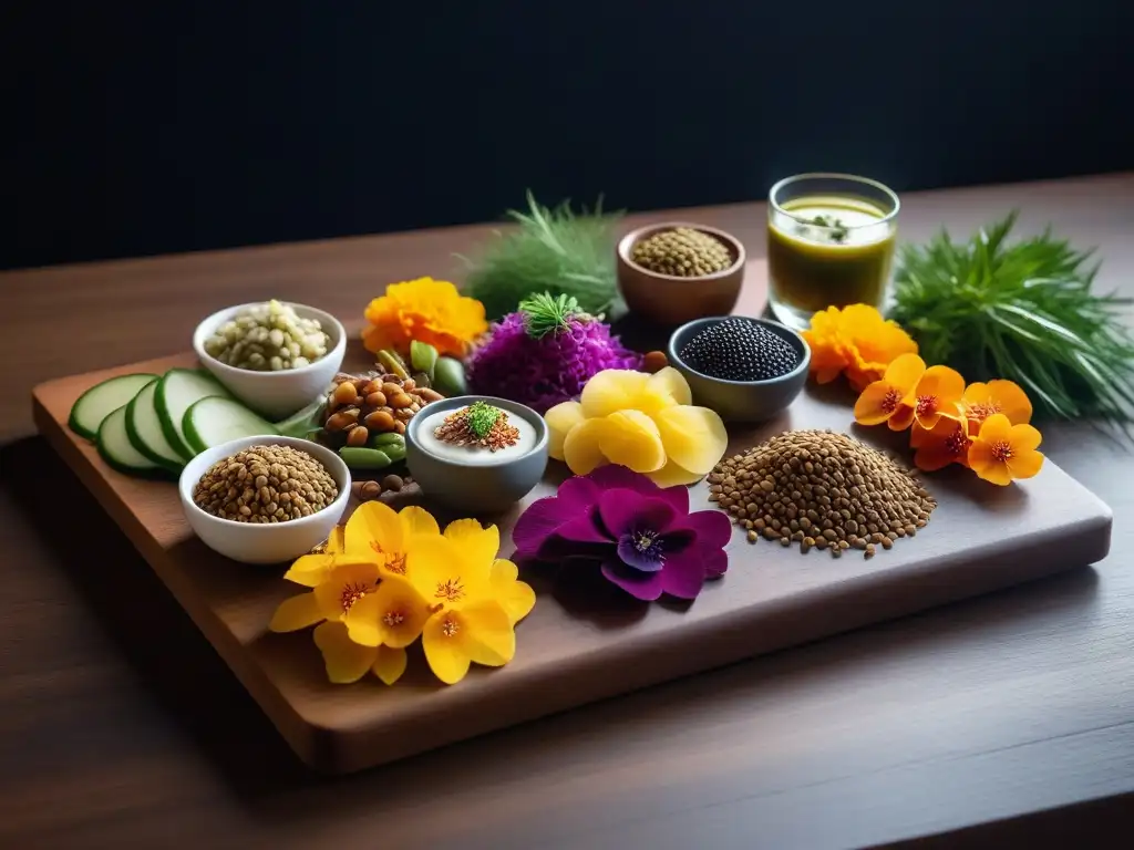 Una exquisita selección de snacks fermentados veganos saludables, presentados con elegancia y creatividad en una tabla de madera moderna