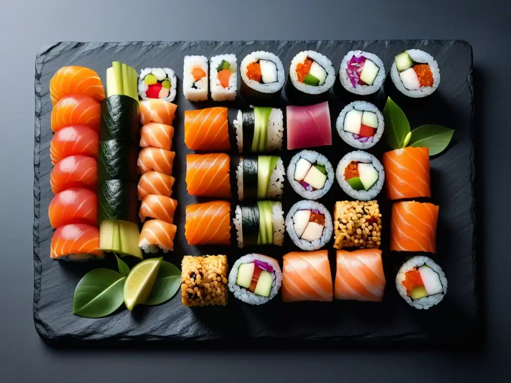 Una exquisita selección de sushi vegano colorido en tabla de pizarra