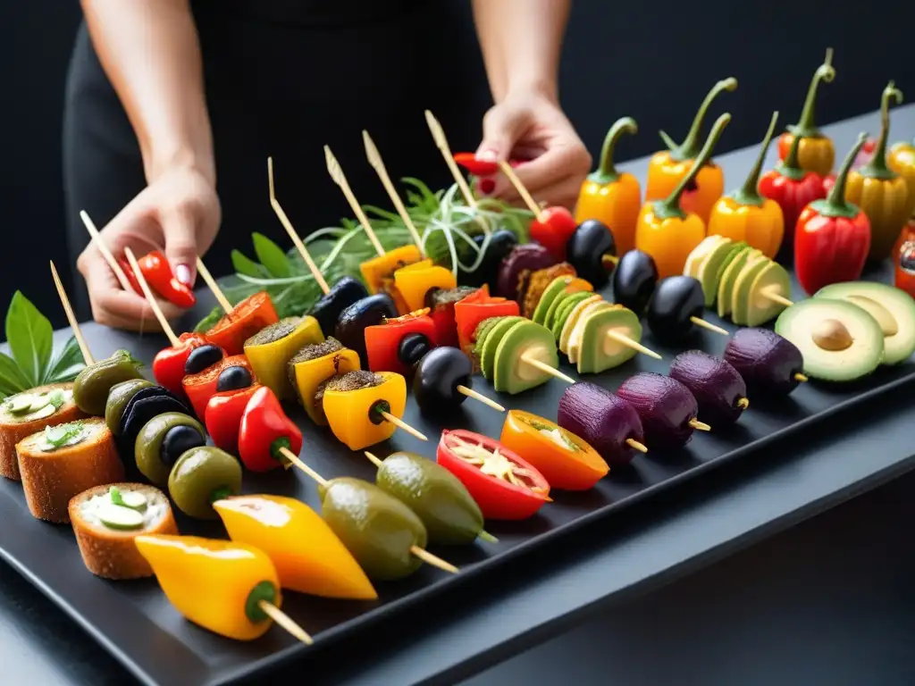 Una exquisita selección de tapas veganas para compartir, coloridas y sabrosas, perfectas para disfrutar en buena compañía