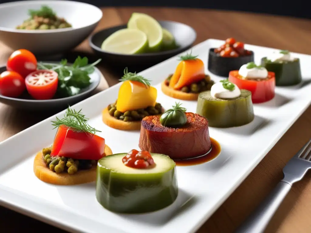 Una exquisita selección de tapas veganas para sorprender, presentadas con elegancia en un plato de cerámica blanco