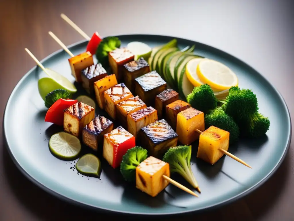 Una exquisita selección de vegetales y brochetas de tofu con marinado para platos veganos exóticos, presentados con elegancia en un plato moderno