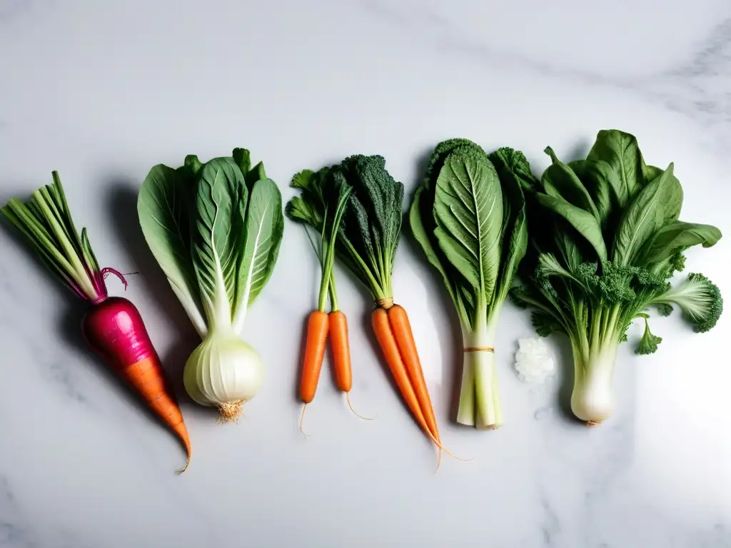 Una exquisita selección de verduras frescas orgánicas listas para preparar una receta kimchi vegano saludable en una encimera de mármol blanco