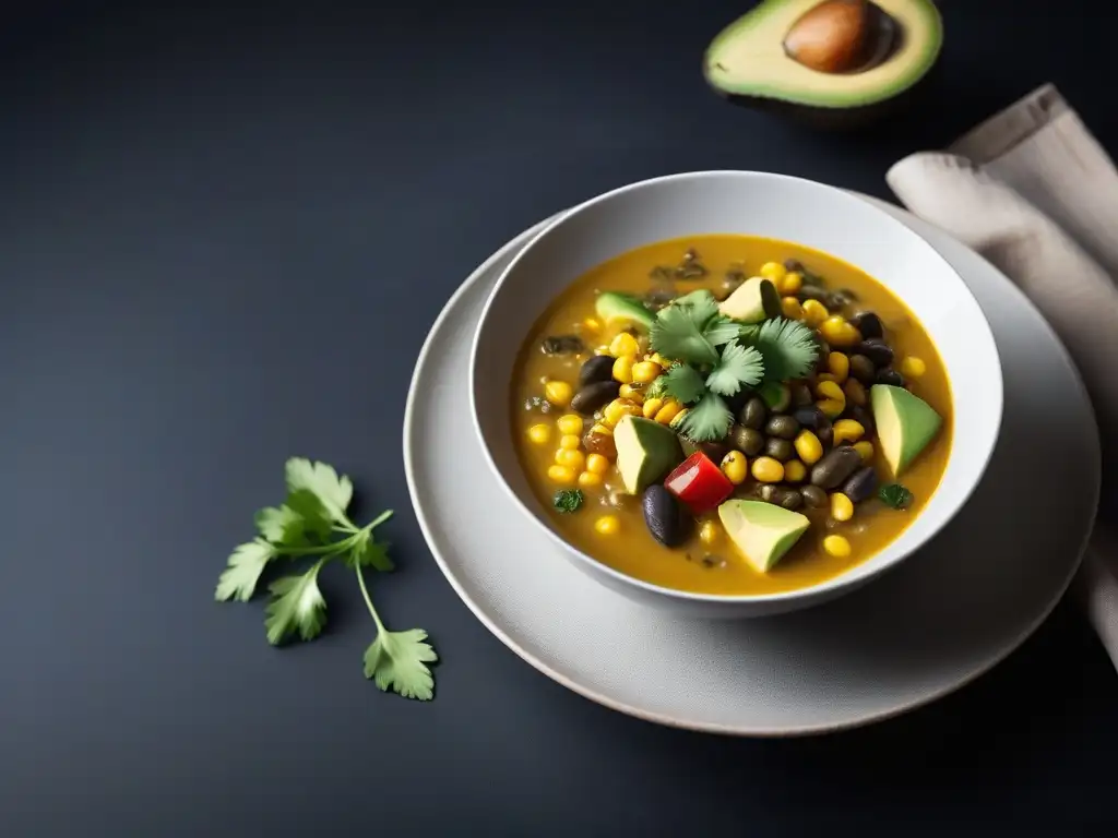 Una exquisita Sopa Ajiaco Vegano Receta, con maíz, papas, alcaparras, aguacate, hierbas y especias, decorada con crema vegana y cilantro fresco