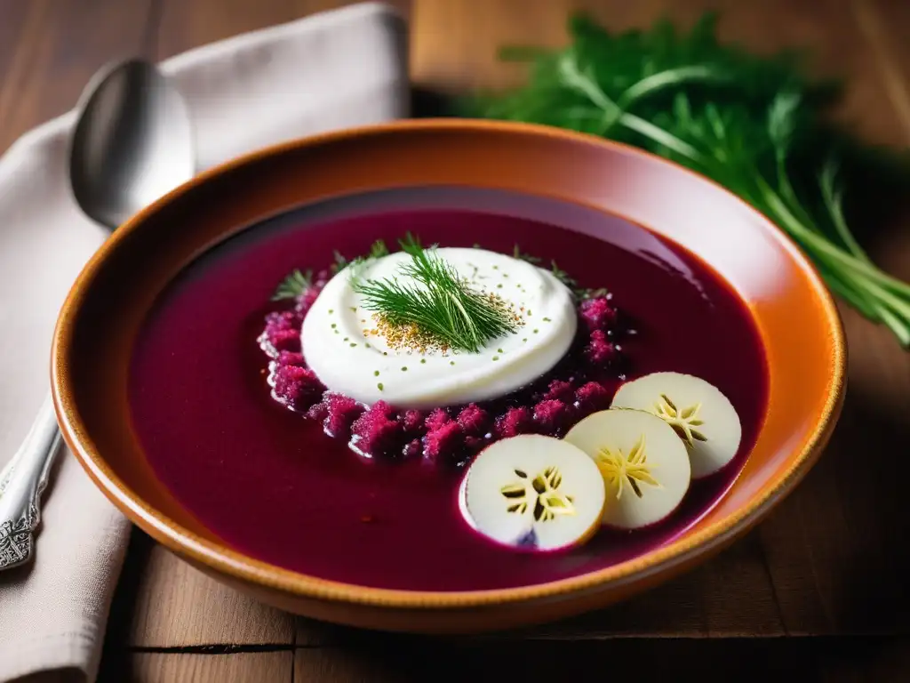 Una exquisita sopa borsch vegana ucraniana con crema agria sin lácteos y eneldo fresco, sobre una mesa rústica