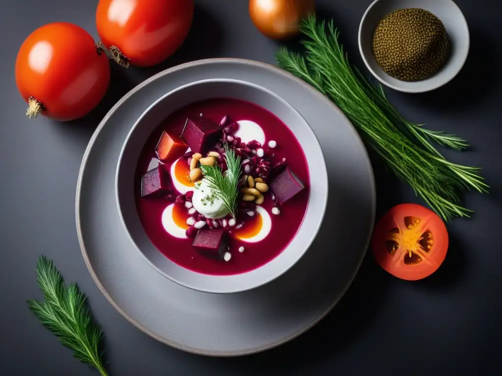 Una exquisita sopa borsch vegana en un cuenco minimalista, fusionando tradición y modernidad en la cocina vegana de Europa del Este