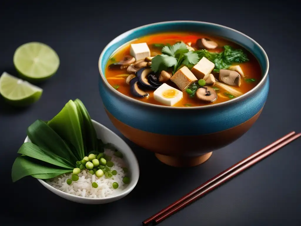 Una exquisita sopa vegana asiática reconfortante, con tofu, setas y bok choy, en un ambiente moderno y elegante