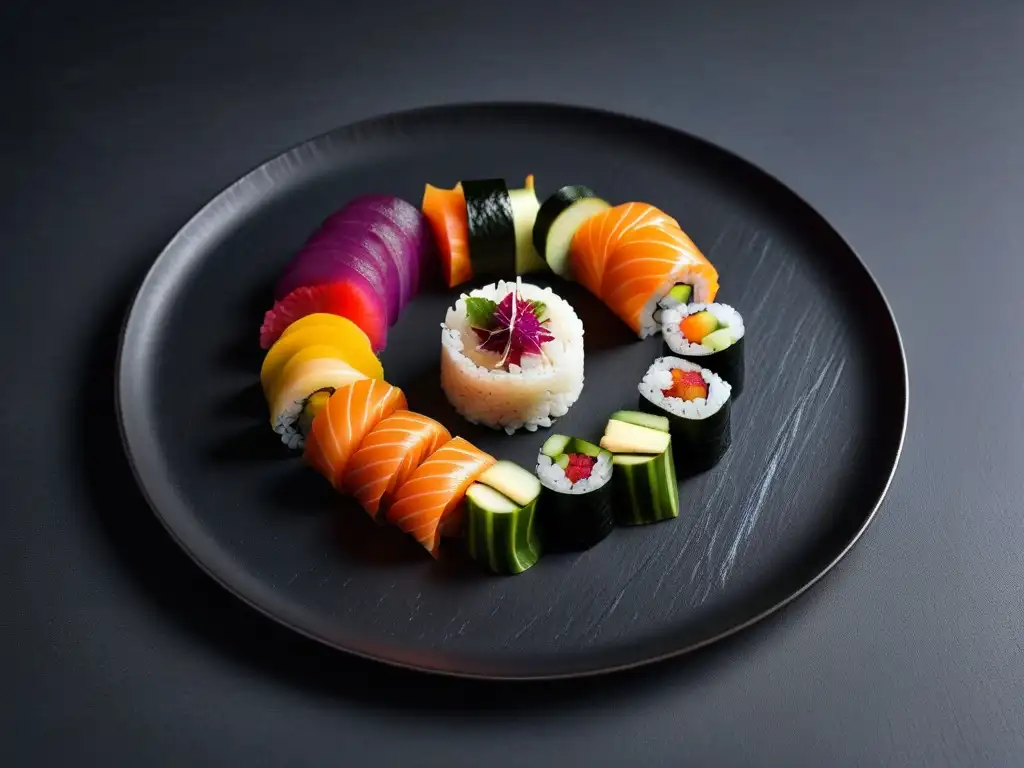 Exquisita presentación de sushi vegano con flores comestibles y semillas de sésamo sobre una elegante bandeja de pizarra negra