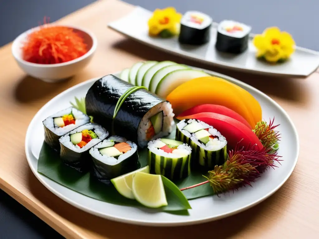 Exquisita presentación de sushi vegano con ingredientes frescos, perfecta para recetas veganas asiáticas tradicionales