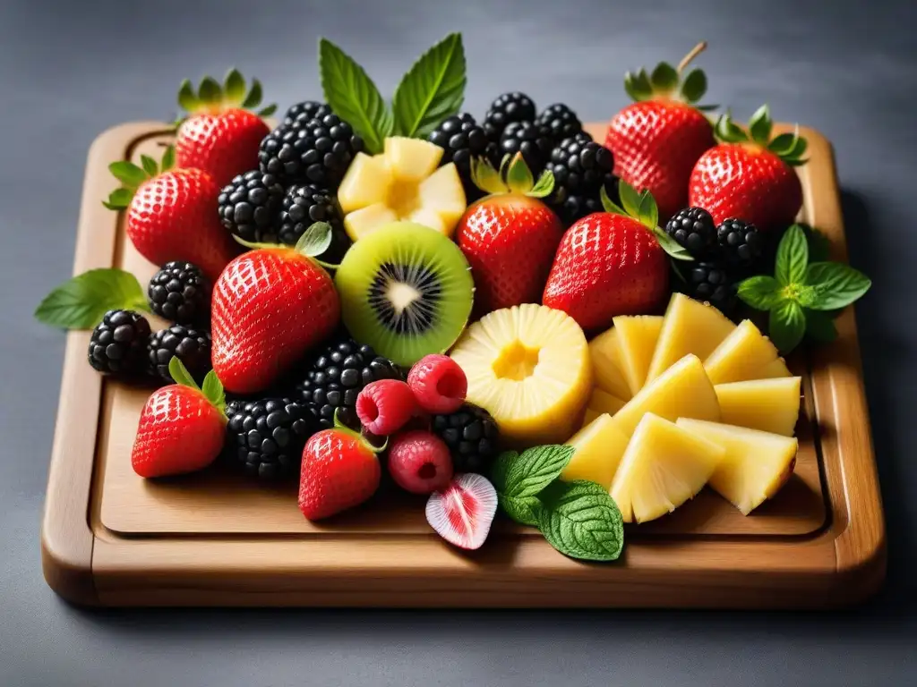 Una exquisita tabla de embutidos con frutas frescas y hierbas aromáticas, destacando la frescura y colorido