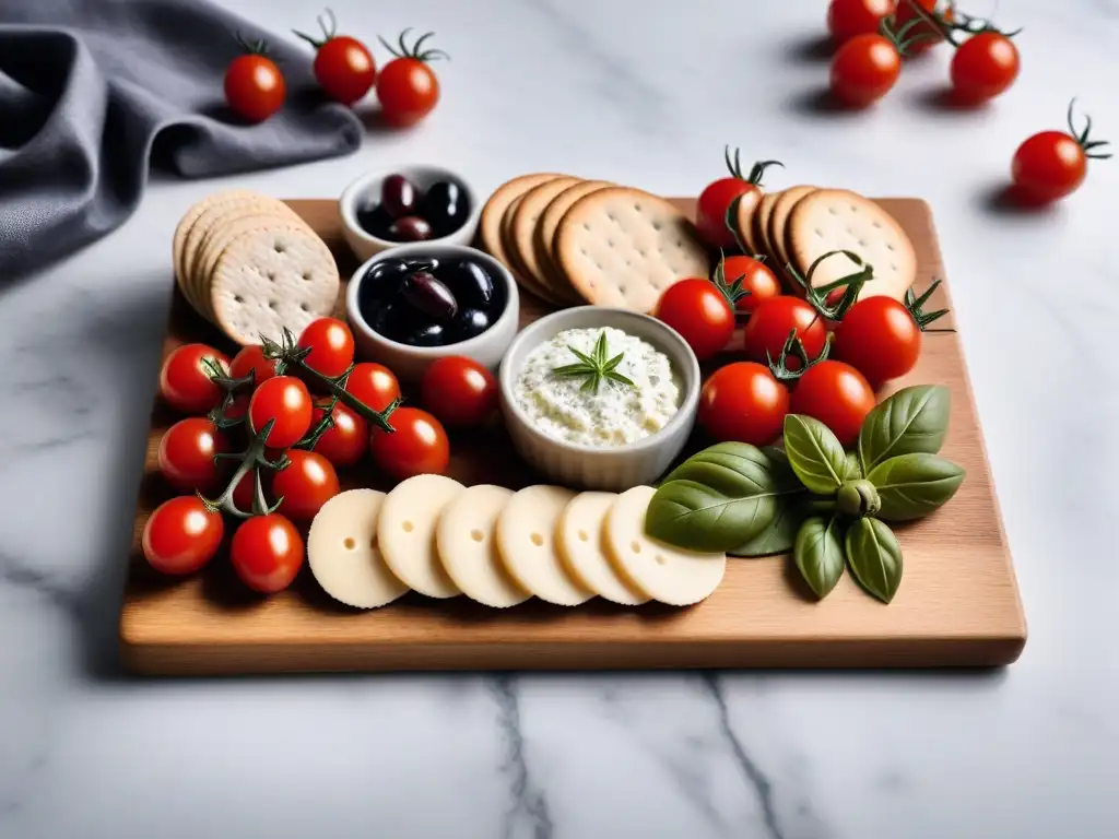 Una exquisita tabla de embutidos con queso vegano estilo griego, tomates, aceitunas y hierbas frescas sobre mármol