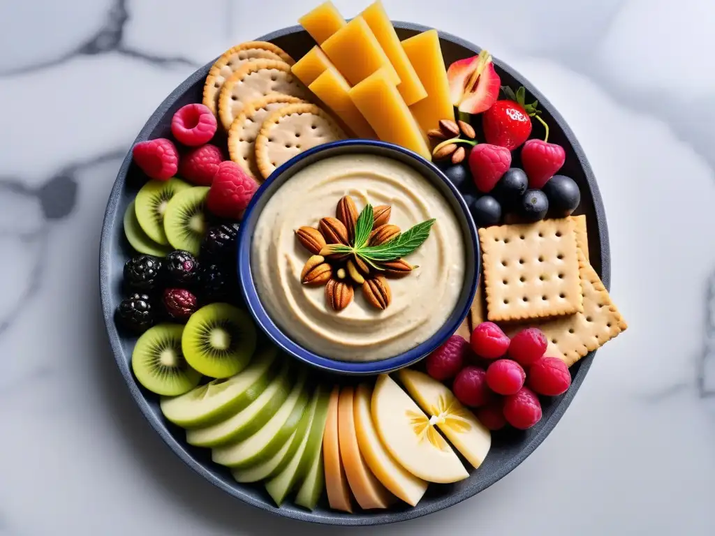 Una exquisita tabla de embutidos vegana con frutas frescas, frutos secos, hummus y galletas integrales