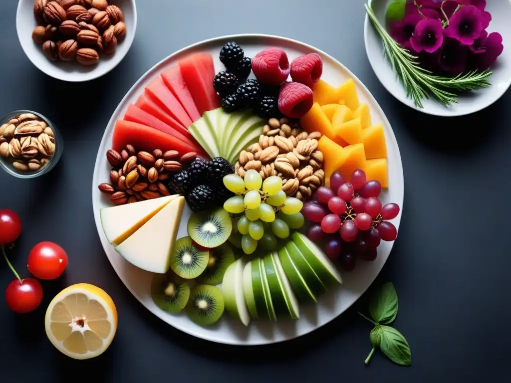 Una exquisita tabla de embutidos veganos con decoraciones veganas para platos, frutas coloridas y flores comestibles vibrantes en plato de mármol