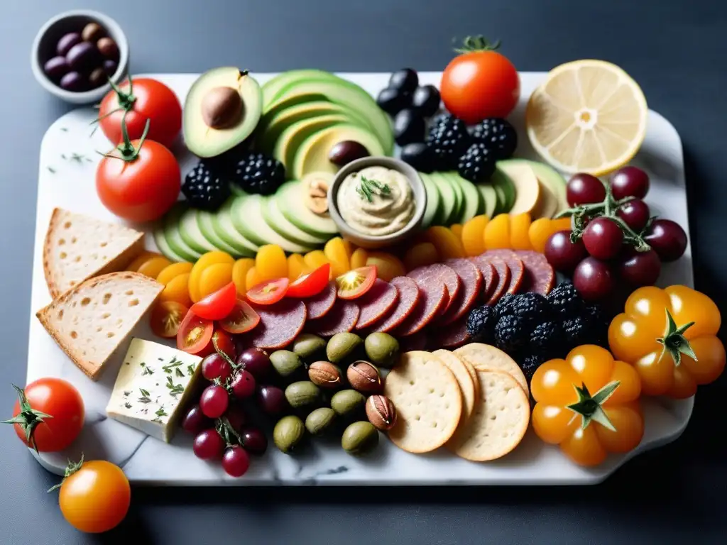 Una exquisita tabla de embutidos veganos en un elegante plato de mármol