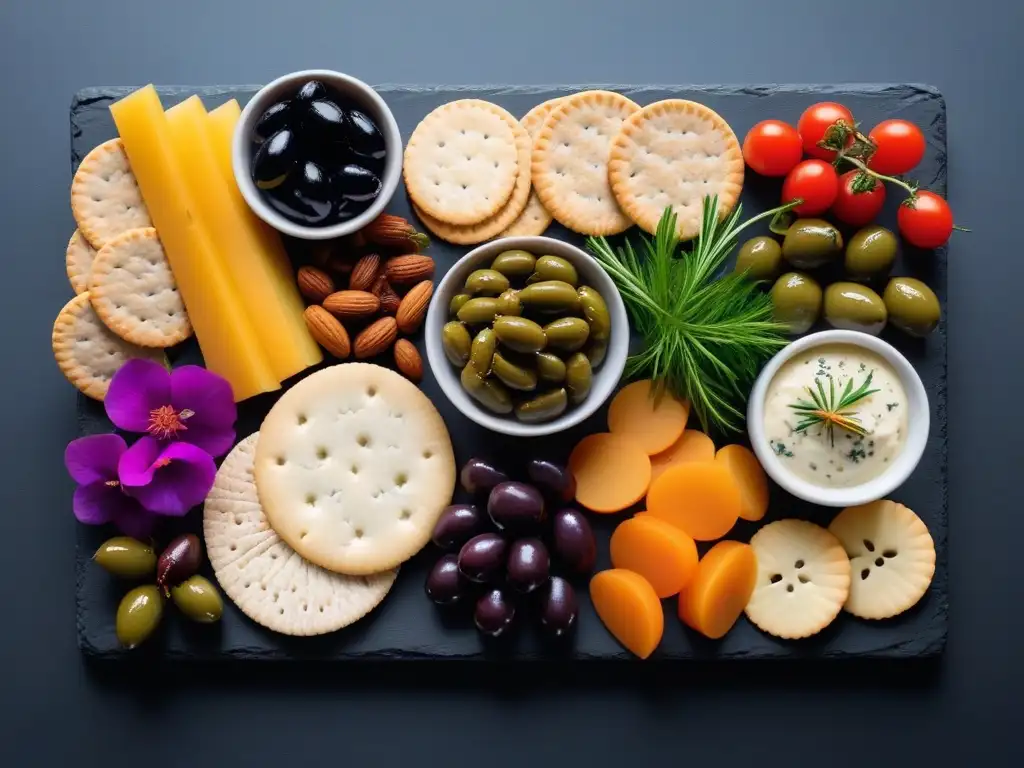 Una exquisita tabla de embutidos veganos equilibrados, con vegetales, quesos, aceitunas, nueces, y galletas artesanales, todo colorido y fresco