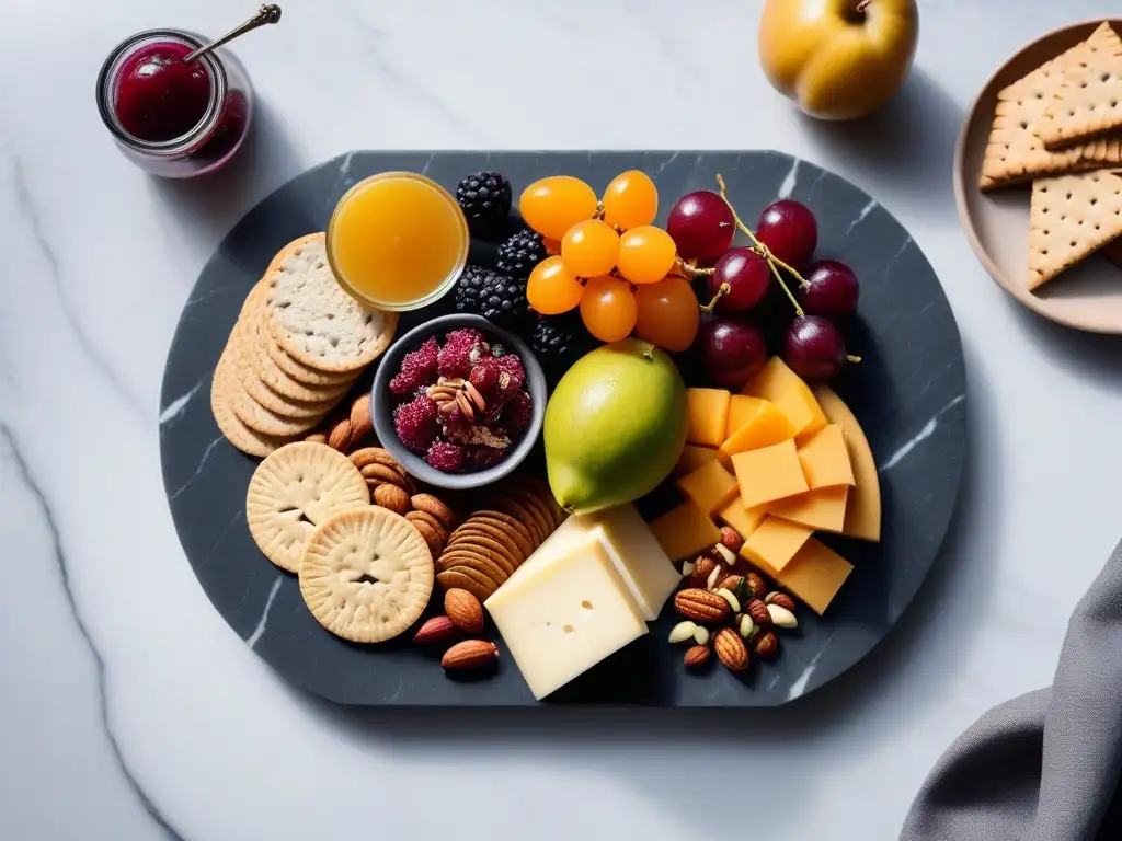 Una exquisita tabla de embutidos veganos con quesos, frutas frescas, nueces y galletas sin gluten, en una elegante bandeja de mármol