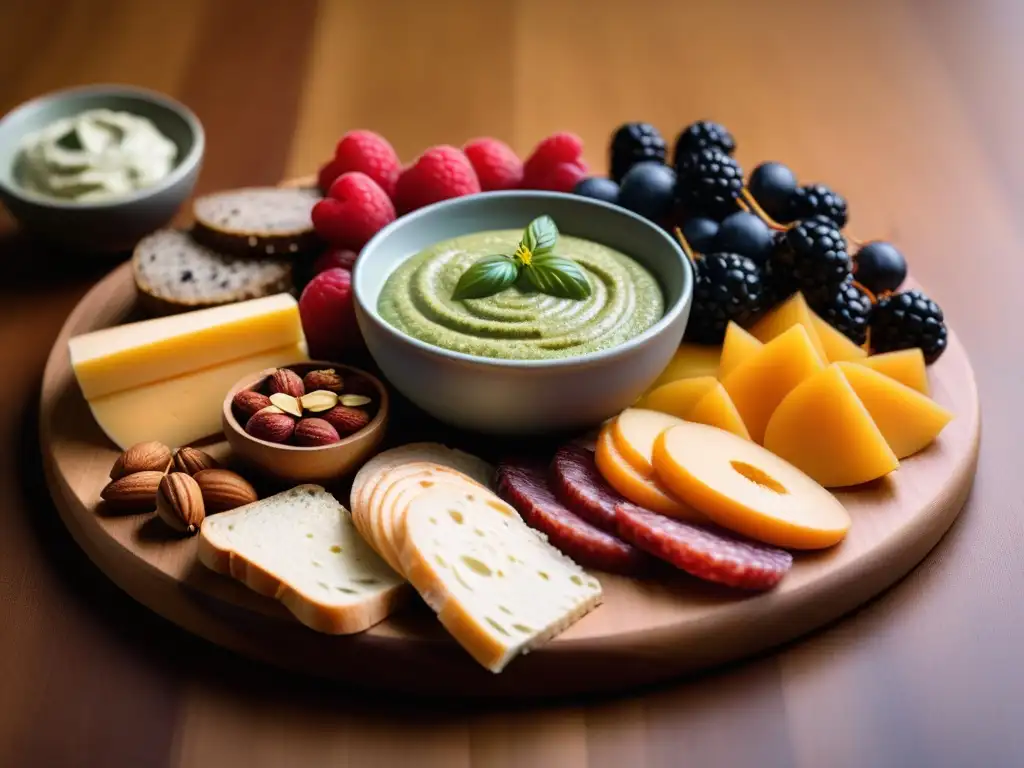 Una exquisita tabla de embutidos veganos sorprendentes, con coloridos quesos, frutas, nueces y dips, presentados con elegancia en madera moderna