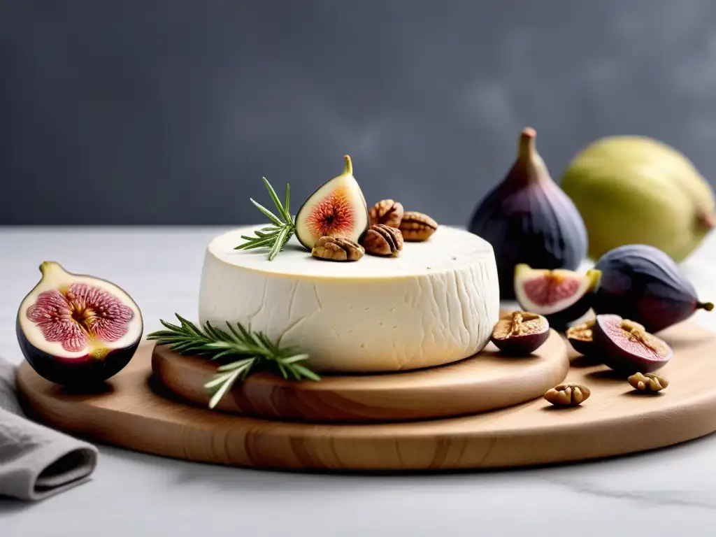 Exquisita tabla de queso rústica con Camembert vegano casero, higos frescos, nueces, miel y romero