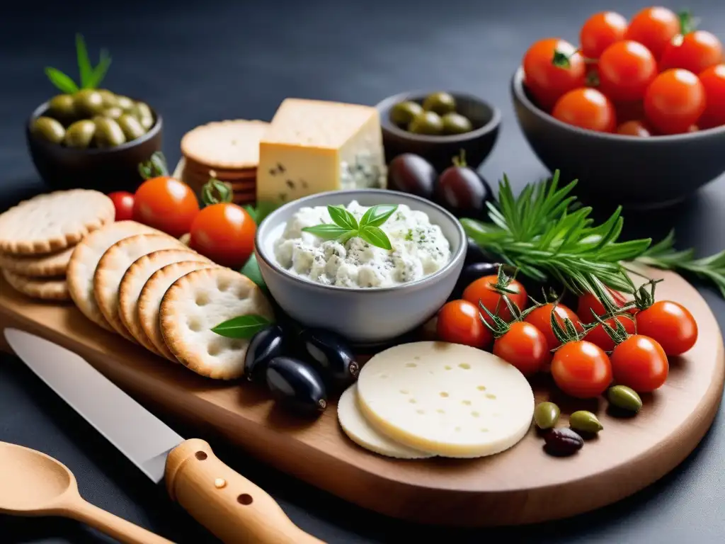 Exquisita tabla de queso vegano estilo griego con variedad de sabores y colores, rodeada de ingredientes frescos