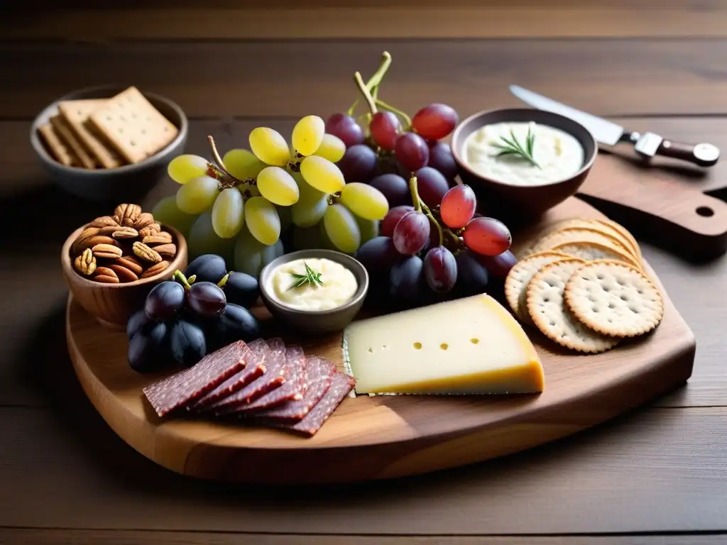 Una exquisita tabla de quesos veganos con Manchego, uvas, nueces y crackers sobre madera rústica