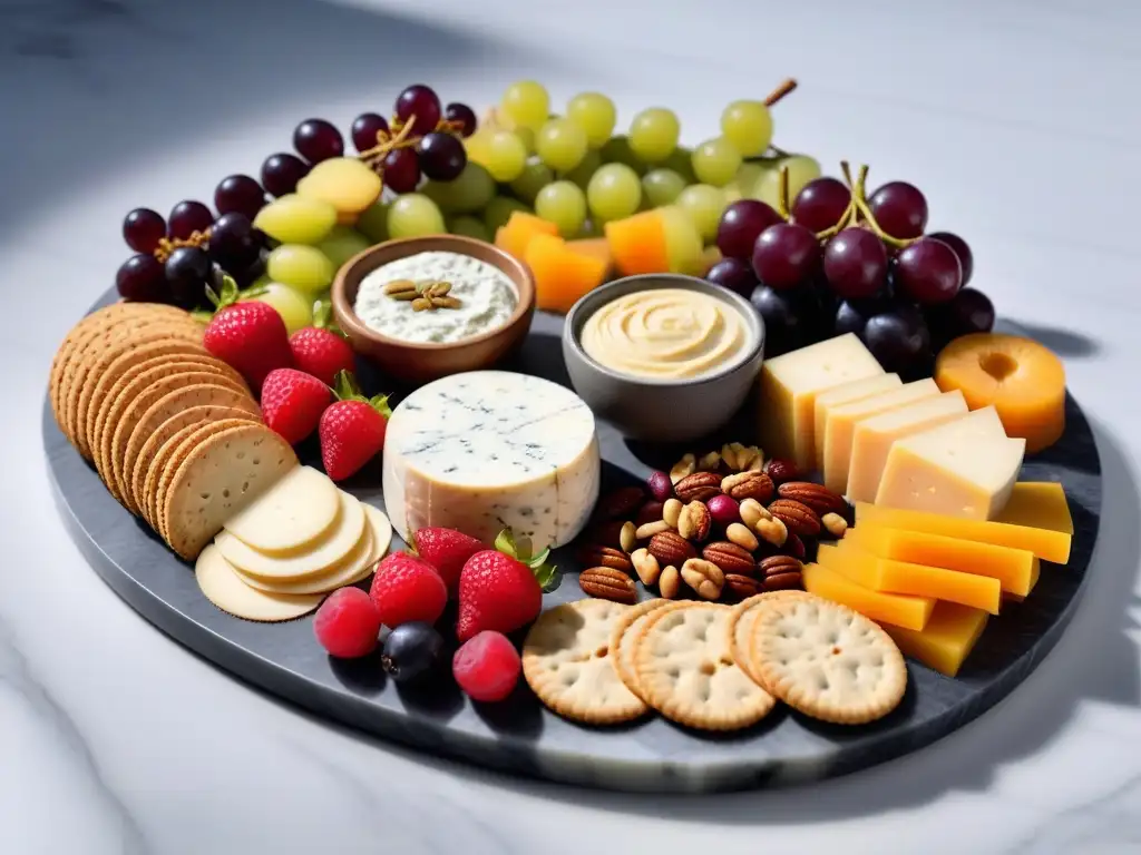 Una exquisita tabla de quesos veganos con frutas, frutos secos y crackers, resaltando las alternativas veganas al queso