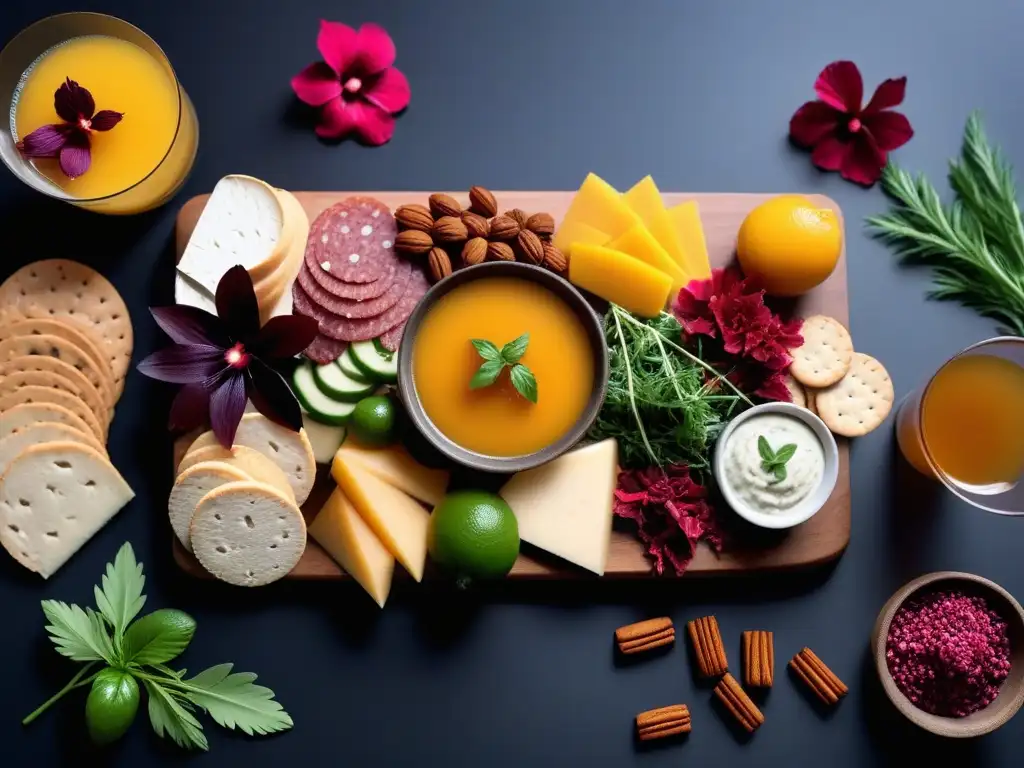 Una exquisita tabla de quesos veganos con sabor latino, acompañada de bebidas vibrantes
