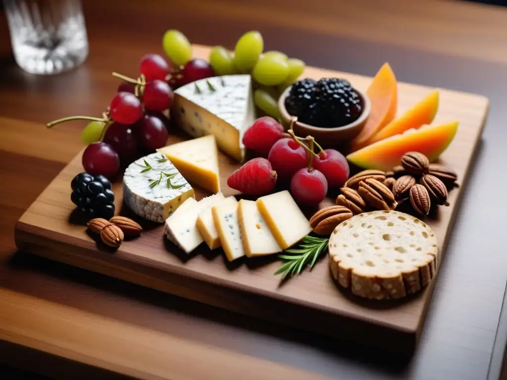 Una exquisita tabla de quesos veganos europeos caseros, con frutas frescas y nueces, sobre una mesa de madera moderna