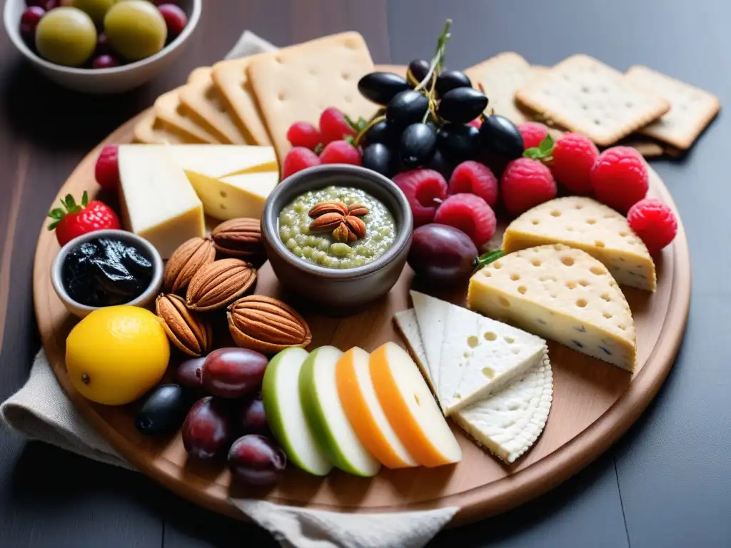 Exquisita tabla de quesos veganos fermentados recetas con frutas, frutos secos y crackers artesanales en una mesa de madera moderna