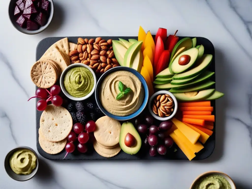 Una exquisita tabla de snacks veganos para fiestas, con coloridos alimentos y dips, sobre elegante encimera de mármol