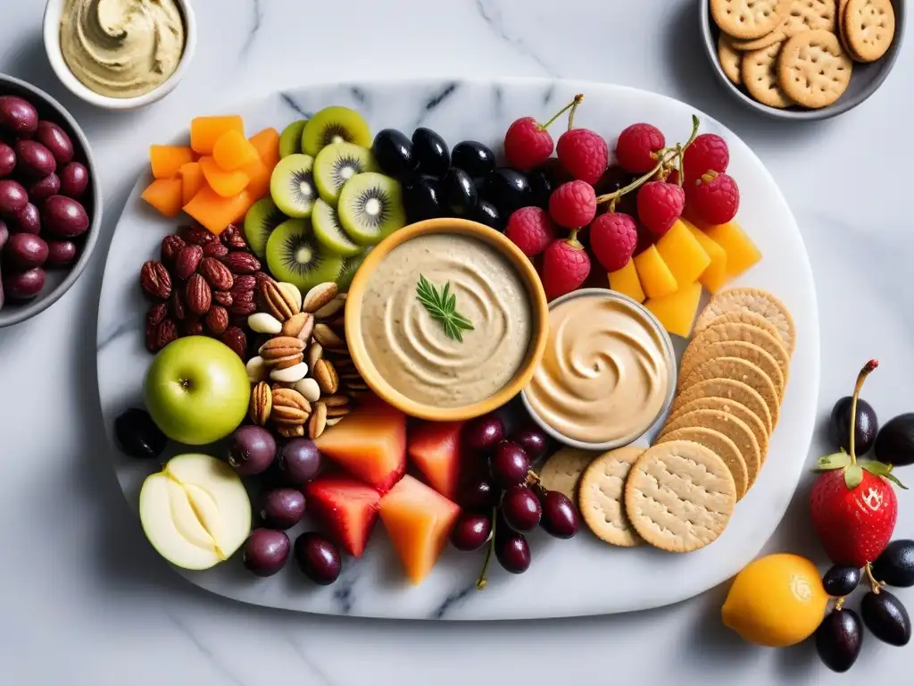 Una exquisita tabla de snacks veganos para no veganos, con frutas frescas, frutos secos, hummus, aceitunas, galletas y verduras, en plato de mármol